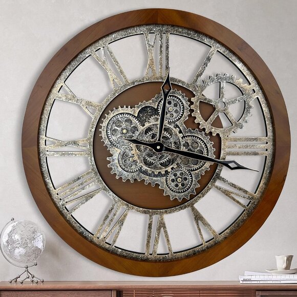Elegant 60cm Analog Wall Clock - Rustic Farmhouse Gear Design for Timeless Decor